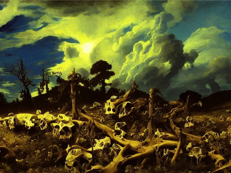 Prompt: an oil painting of a landscape of bone and skulls with a blue sky and aurora by carl spitzweg and tuomas korpi. baroque elements, full-length view. baroque element. intricate artwork by caravaggio. Trending on artstation. 8k