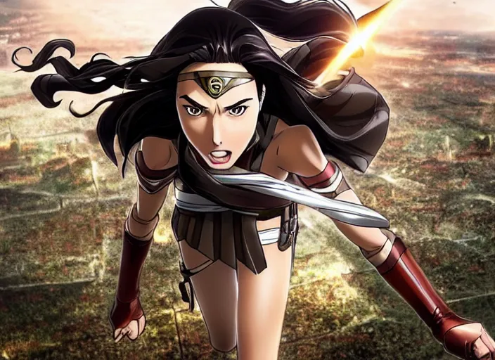 Prompt: gal gadot flying screenshot from attack on titan 進撃の巨人 anime gal gadot