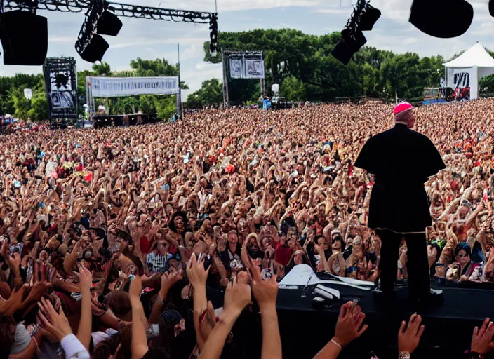 Image similar to photo still of pope francis on stage at the vans warped tour!!!!!!!! at age 3 6 years old 3 6 years of age!!!!!!!! stage diving into the crowd, 8 k, 8 5 mm f 1. 8, studio lighting, rim light, right side key light