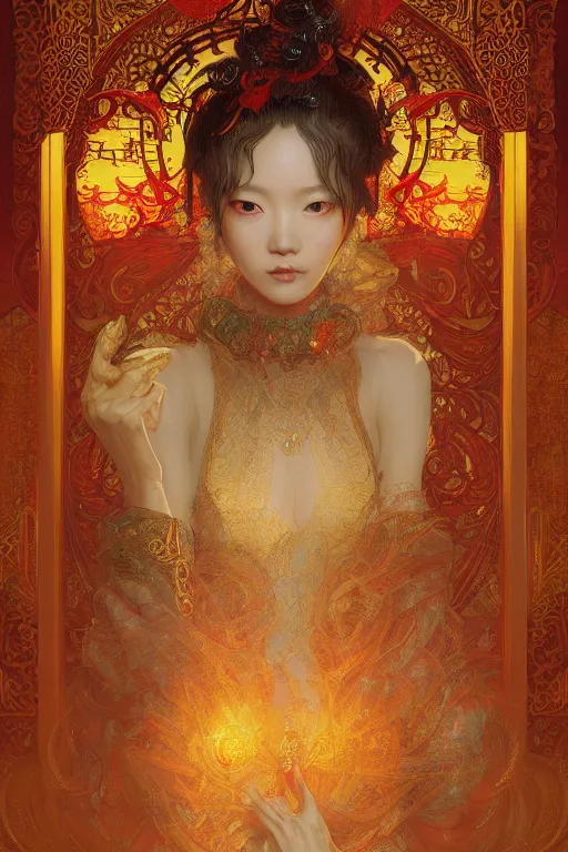 Image similar to tarot card artstation, portrait of a japanese love dancer, sunrise, baroque ornament and rococo ornament, ancient chinese ornate, hyperdetailed, beautiful lighting, craig mullins, mucha, klimt, yoshitaka amano, red and gold and orange color palette