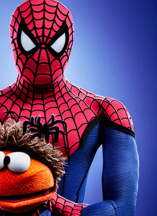 Image similar to studio portrait still of muppet!!!!! spiderman in avengers endgame!!!!!! as a muppet muppet as a muppet, 8 k, studio lighting, key light,