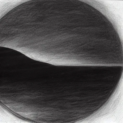 Image similar to a realistic charcoal drawing of a black circular void floating over the ocean in the style of Marco Tirelli, surreal