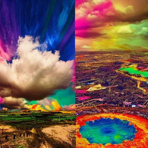 Image similar to life before birth and death after destruction, surreal and colorful