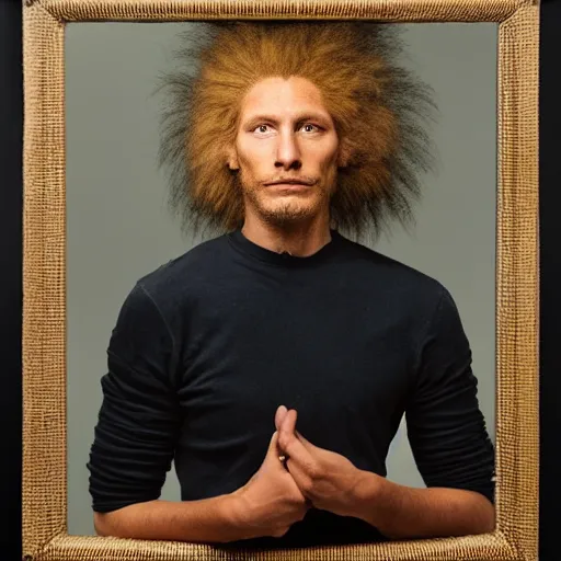 Prompt: portrait of lion - human hybrid, by annie leibovitz, portrait of a young man, studio lighting, award - winning