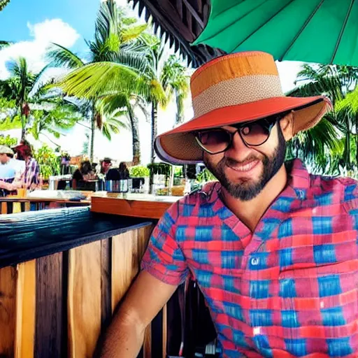 Prompt: a tiger wearing a bucket hat and a hawaii shirt sitting at an outdoor bar drinking a beer