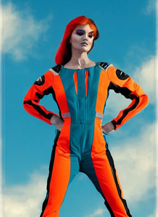 Image similar to symmetry closeup portrait of a racer girl cyborg jumpsuit in clouds cinematic light windy teal orange by gerald brom by mikhail vr