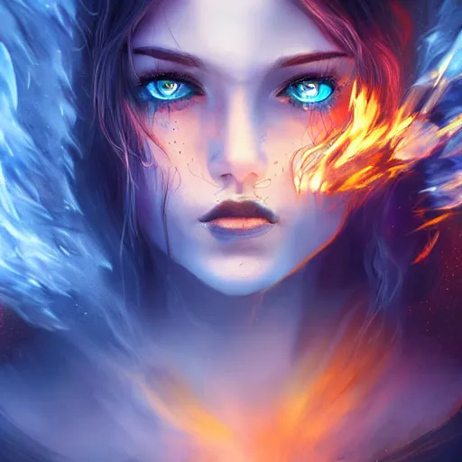 Image similar to the picture of a beautiful woman knight, blue eyes, burning fire hairs, epic fantasy art, mystical, mystic atmosphere, mythology, photo realistic, high detail, ultra realistic, hyper realistic, high definiton, 4 k uhd,
