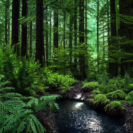 Image similar to dark pine tree forest clearing, with a small stream burbling along enclosed with fern, fireflies in the air, photorealistic, dimly lit, no breeze, mist over the ground, ground covered in pine needles and leafes