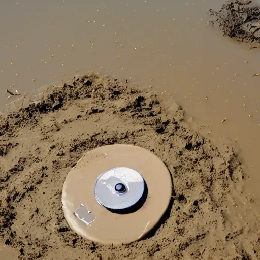 Prompt: a blank disc, sinking in mud