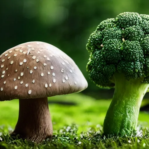 Prompt: a mushroom and a broccolli having a duel