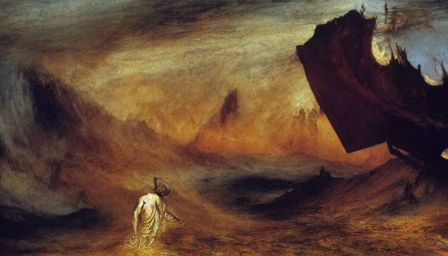 Prompt: the struggle of mankind by william turner, by theodore gericault, by caspar david friedrich, by zdislaw beksinski, oil painting, romantism, realism, limited palette
