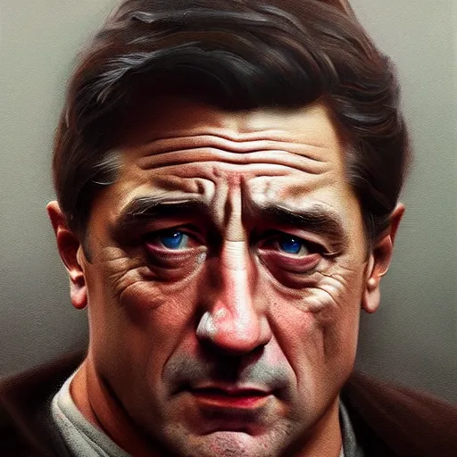 Prompt: realistic portrait of young robert de niro, trending on artstation, low angle oil painting and composition laws, cinematic lighting, hyperdetailed, cgsociety, 8 k