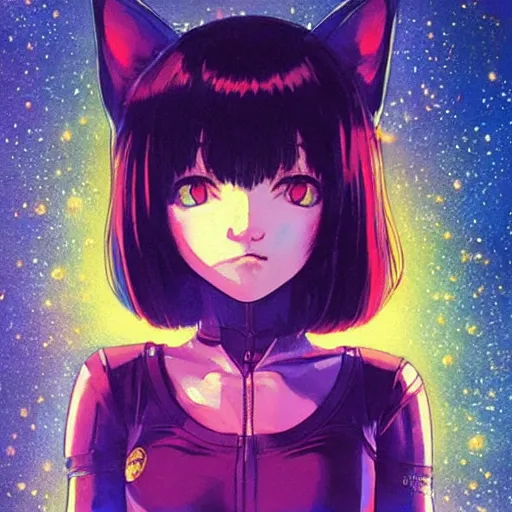 Image similar to A space cat with big and cute eyes, || VERY ANIME, fine-face, realistic shaded perfect face, fine details. Anime. realistic shaded lighting poster by Ilya Kuvshinov katsuhiro otomo ghost-in-the-shell, magali villeneuve, artgerm, Jeremy Lipkin and Michael Garmash, Rob Rey and Kentarõ Miura style, trending on art station