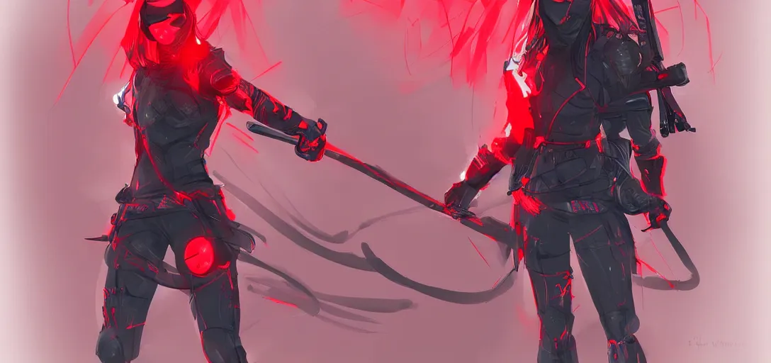 Image similar to A female ninja red neon concept art Hicham Habchi, very detailed, high quality