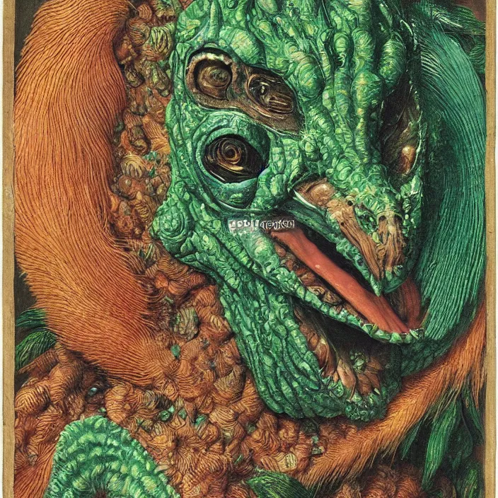 Image similar to close up portrait of an mutant monster creature with proud, reptilian allure, iridescent scales, dovish feathers, diaphanous fungic protuberances. jan van eyck, audubon