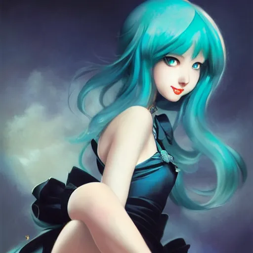 Image similar to Hatsune Miku by Gil Elvgren and Daniela Uhlig