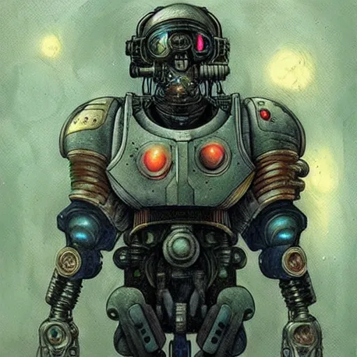 Prompt: futurist cyborg space marine, perfect future, award winning art by santiago caruso, iridescent color palette