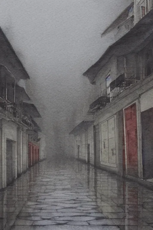 Image similar to A watercolor of Wukang Mansion, a deserted street after rain, cloudy overcast sky, poignant, high contrast of light and dark, smooth, by Joseph Zbikowicz, 8k
