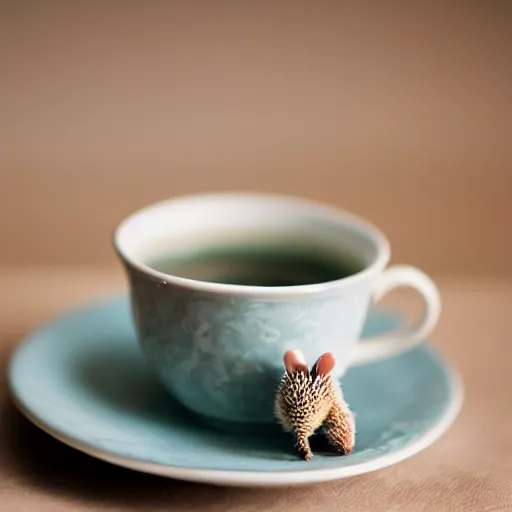 Image similar to baby hedgehog in a teacup, bokeh, sigma 5 0 mm f / 1. 4, minimalistic, 8 k