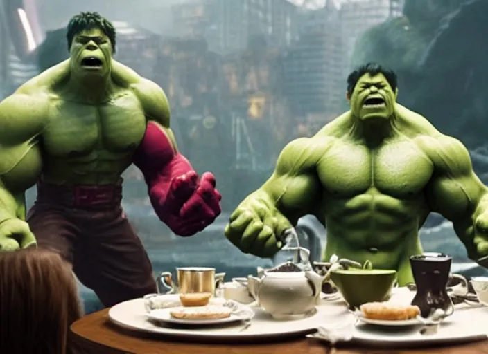 Prompt: film still of hulk having a tea party in the new avengers movie, 4 k