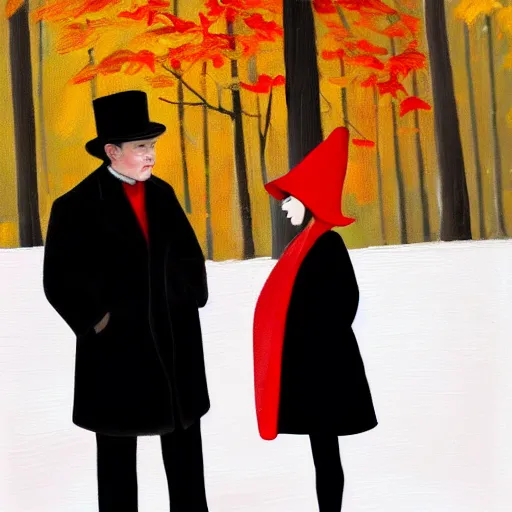 Prompt: A thin man in a black coat and bowler hat talks with small girl dressed in a red coat and a red hat, park, autumn, oil painting style, wide angle, high detail, width 768