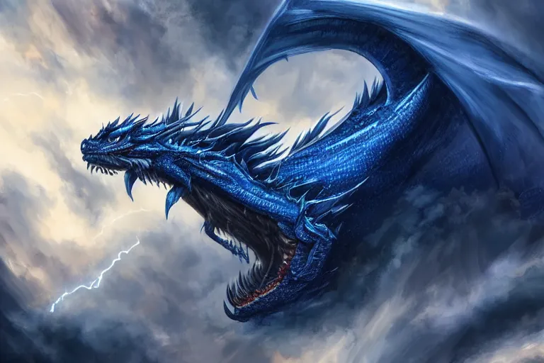 Prompt: majestic blue dragon surrounded by clouds and lightning, digital painting, mixed media, trending on artstation and deviantart, epic composition, centered, sharp focus, magnum opus, highly detailed, 8 k