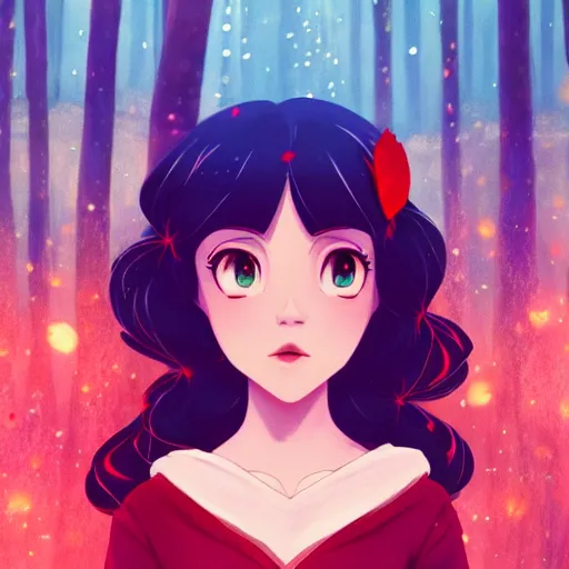 Image similar to portrait of snow white, forest background, rich vivid colors, ambient lighting, dynamic lighting, 4k, HQ, official media, anime key visual, makoto shinkai, ilya kuvshinov, lois van baarle, rossdraws, detailed, trending on artstation