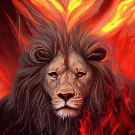 Image similar to aesthetic portrait commission of a albino muscular and attractive anthro lion as a satanic muscular overlord with mane fur turning into cosmic red fire and black smoke in the volcanic burning clouds, fantasy art, hyperdetailed. Character design by charlie bowater, ross tran, artgerm, and makoto shinkai, detailed, inked, western comic book art, 2021 award winning painting