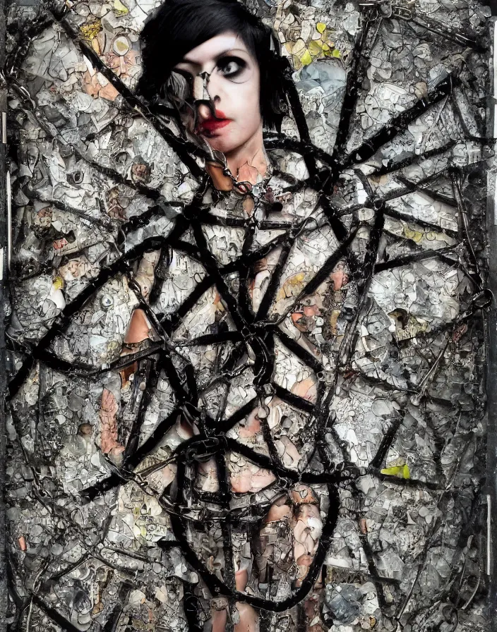 Prompt: chained in the chains of passions, digital collage, decoupage, assemblage, photomontage, canvas texture, hight contrast, minimalist, contemporary art, punk art, photorealistic, portrait, expressionism, masterpiece, dynamic composition, spectacular quality, intricate oil details, broken glass