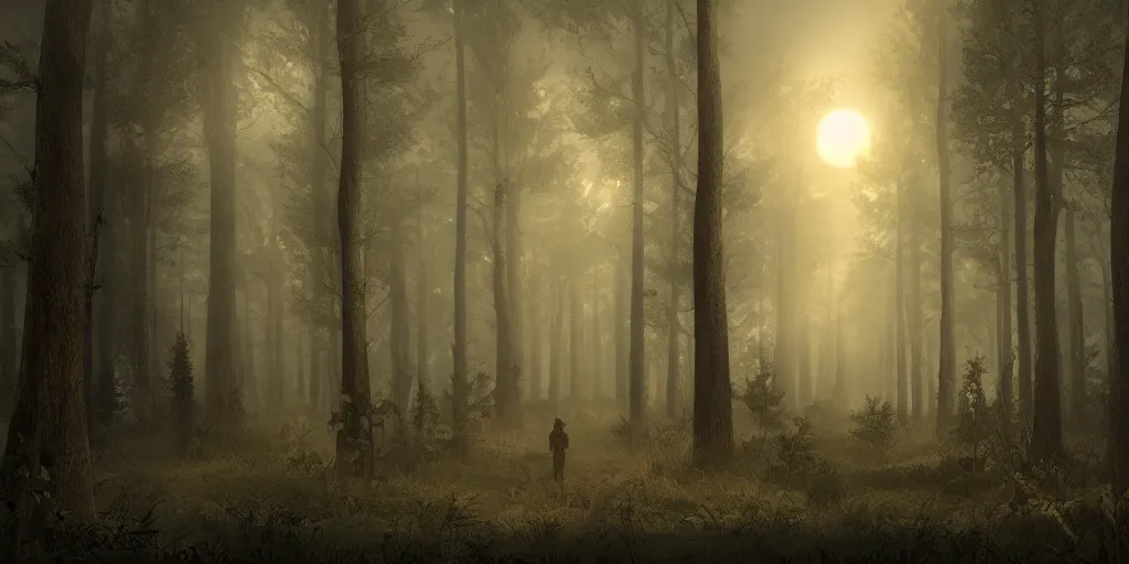 Image similar to The Three Kings walk through a foggy forest at moonlight, Trending artstation, digital art