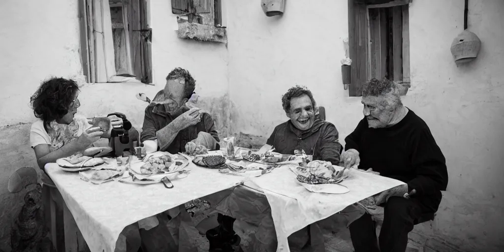 Image similar to photography of a cat sharing mortadella with his happy owner at a trullo house, photoreal, 3 5 mm, award winning photography