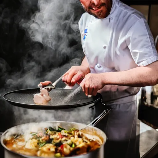 Prompt: photo of a chef cooking a unicorn inside a metal pot on a stove