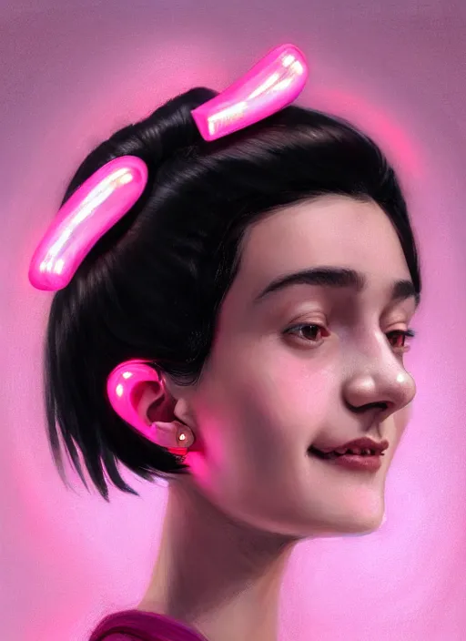 Image similar to portrait of teenage girl, realistic, black hair, bangs, half updo hairstyle, pointy nose, skinny, smile, ugly, defined jawline, big chin, pink hair bow, earrings, intricate, elegant, glowing lights, highly detailed, digital painting, artstation, sharp focus, illustration, art by wlop, mars ravelo and greg rutkowski