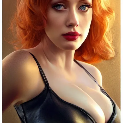 Image similar to photo of a gorgeous christina hendricks / amber heard hybrid in the style of stefan kostic, realistic, professionally, professionally color graded, half body shot, leather body suit, sharp focus, 8 k high definition, insanely detailed, intricate, elegant, art by stanley lau and artgerm