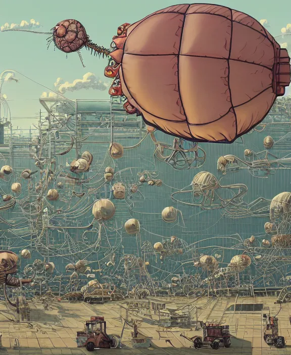 Image similar to inflated industrial plant made from obese isopod mollusk octopus, in the style of puffy spaceship, skeletons, bones, partly cloudy, spooky, dramatic lighting, by geof darrow, bill sienkiewicz, dan mumford, yusuke murata, makoto shinkai, ross tran, cinematic, unreal engine, cel shaded, featured on artstation, pixiv