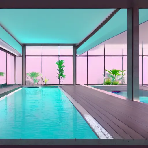 Image similar to A sunlit indoor lounge area with a pool with clear water and another pool with translucent pastel pink water, next to a big window, digital art, trending on Artstation