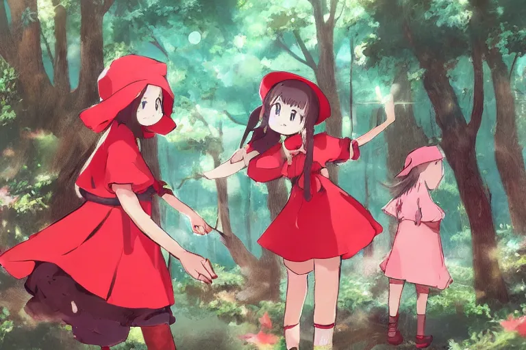 Image similar to concept art ofa little girl in the red hat,forest, happy in anime style