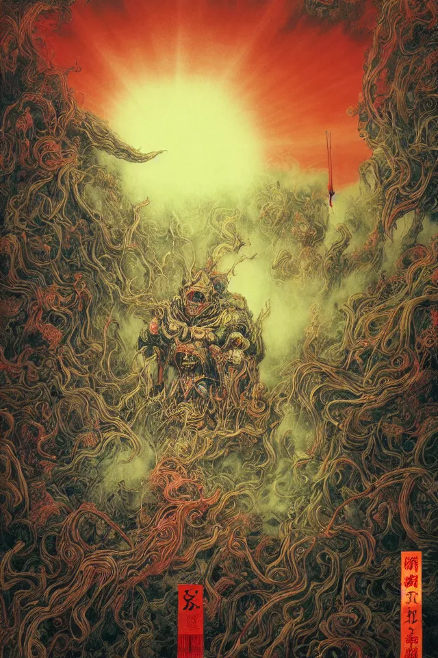 Image similar to zhongyuan festival, chinese ghost festival, king of hell, inside page of comic book, psychedelic lights and fog, in the style of zdzislaw beksinski, ayami kojima, takato yamamoto, barclay shaw, karol bak, glowing light and shadow, hyperrealist