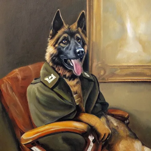 Prompt: a oil painting of a anthropomorphic german shepherd beast - man, wearing military outfit, sitting on an armchair