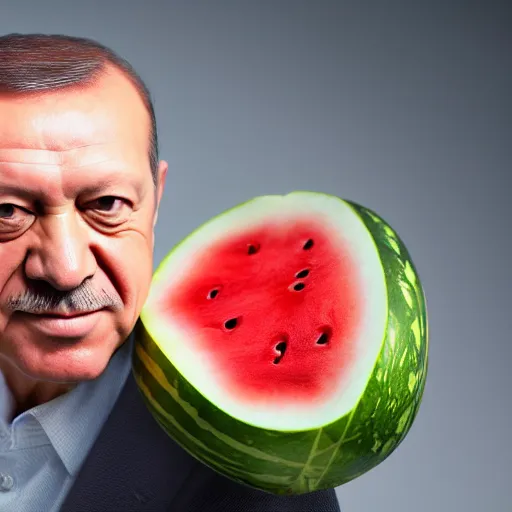 Image similar to recep tayyip erdogan smiling holding watermelon, studio photograph, hd, studio