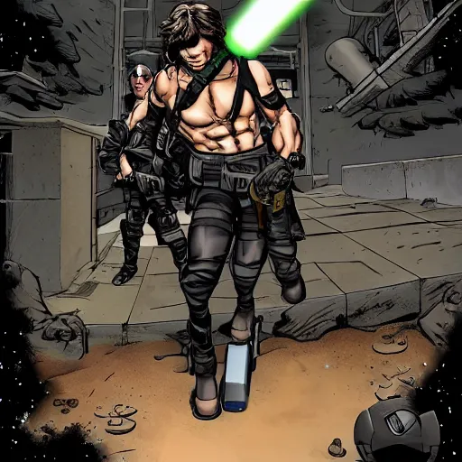 Image similar to muscular man, black vest with no shirt underneath, goggles around his neck, cargo pants, ammo belt, holding a blaster, star wars, long black hair in a ponytail, five o' clock shadow, comic book art, distance shot