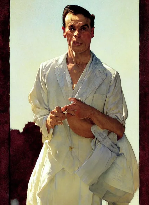 Image similar to illustration upper body and head portrait of elegant man in summer dress, by norman rockwell, roberto ferri, daniel gerhartz, edd cartier, jack kirby, howard v brown, ruan jia, tom lovell, frank r paul, jacob collins, dean cornwell, pulp 5 0 s scifi