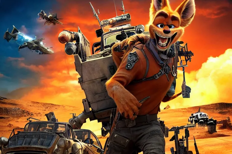 Image similar to nick wilde, heavily armed and armored facing down armageddon in a dark and gritty reboot from the makers of mad max : fury road : witness me