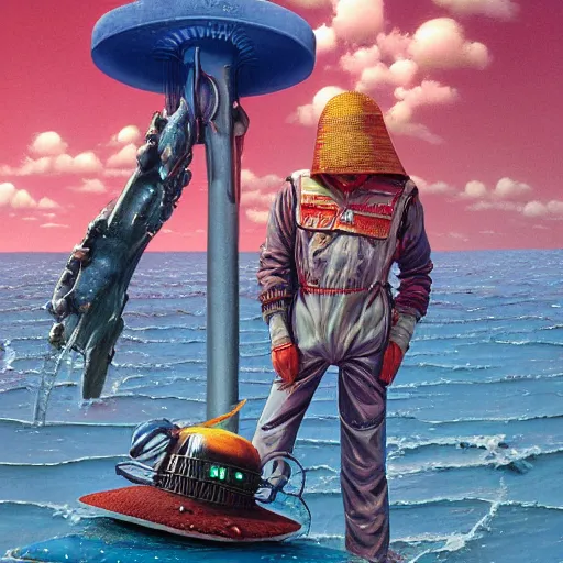 Image similar to a lone Android, wearing a cloth flamingo print bucket hat, by John Harri and Michael Whelan and John Berkey and Robert McCall and Chris Foss and Chris Moore and Vincent Di Fate and Rafał Olbiński and Jim Burns