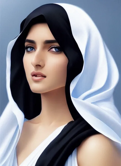 Prompt: arab female ameera al taweel, blue eyes, black hair, white veil, in the style of stefan kostic, realistic, sharp focus, 8k high definition, insanely detailed, intricate, elegant, art by stanley lau and artgerm