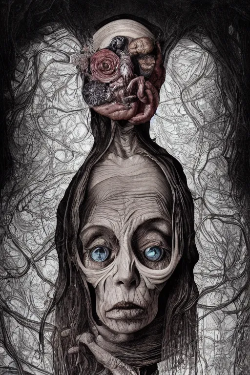 Image similar to Detailed maximalist portrait of a beautiful old woman with large lips and eyes, scared expression, botanical skeletal with extra flesh, HD mixed media, 3D collage, highly detailed and intricate, surreal illustration in the style of Caravaggio, dark art, baroque, centred in image