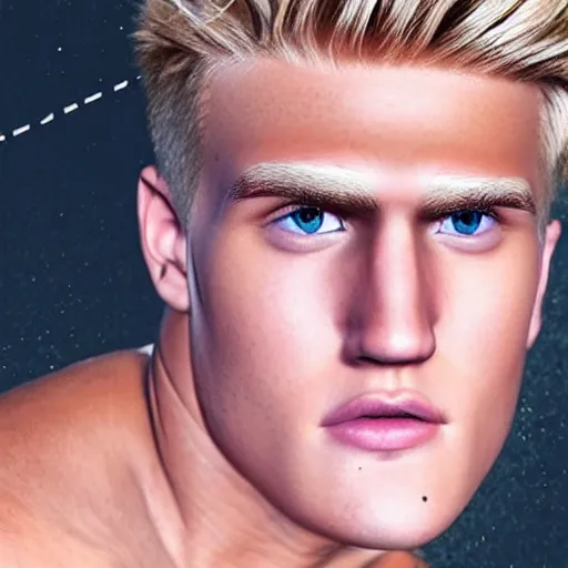 Image similar to a realistic detailed photo of boxer & youtuber jake paul as a humanoid robot, half humanoid, half robot, blank stare, shiny skin