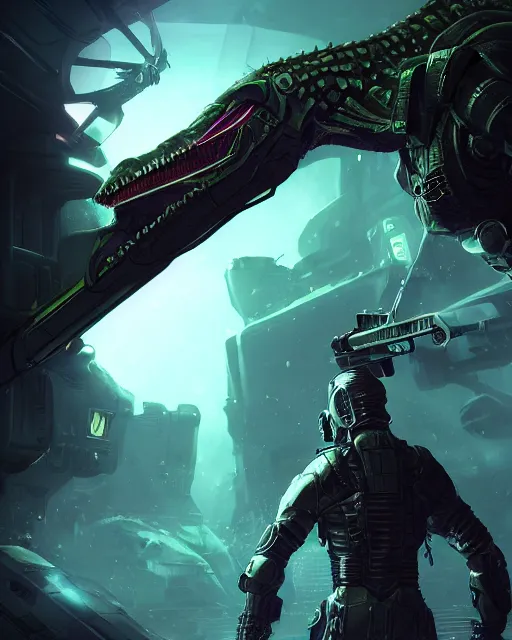 Image similar to Sci-Fi Crocodile alien, armored, big, art by Kashin, Wadim, Martinière, Stephan, Anton Fadeev, holding rifle, sharp focus, pitch black cursed evil Spaceship hallway, dark light, soft purple glow, heroic pose, sci-fi artwork, octane render, dead space artwork, cyberpunk, vivid colors, occult, magical, volumetric lighting, 8k high definition, highly detailed, trending on art Station, centered, by Greg Rutkovski, sci-fi artwork, arnold render