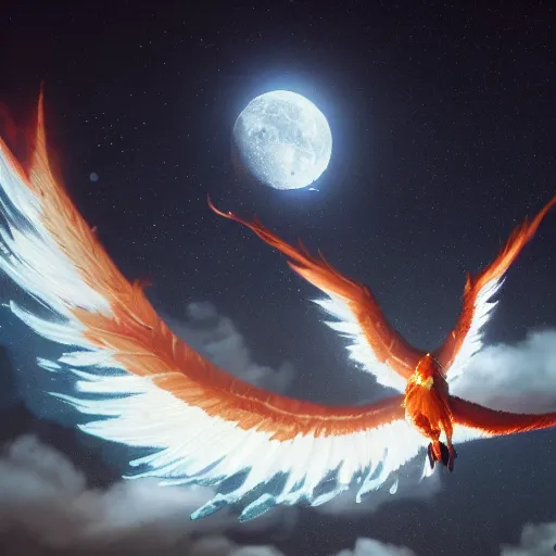 Prompt: phoenix flying in front of the moon, glowing light, fire, oil painting, octane render, greg rutkowski, 8 k