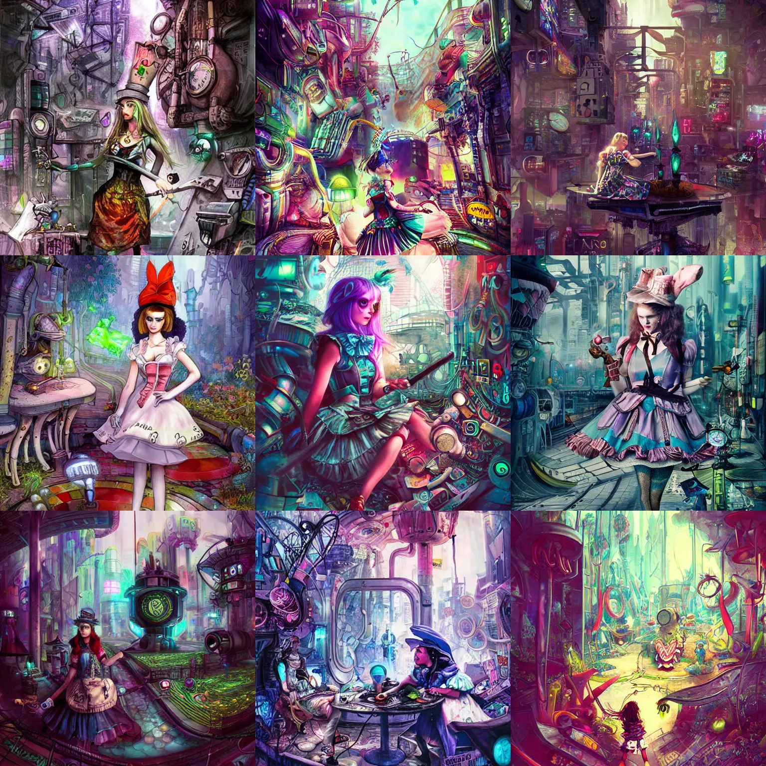 Prompt: Alice in Wonderland Cyberpunk, realism